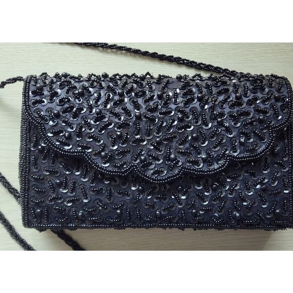 PURSE-HANDBAG-BIJOUX TERNER-Black-Beaded-Beaded Strap-Snap Closure-Clutch - Picture 6 of 15